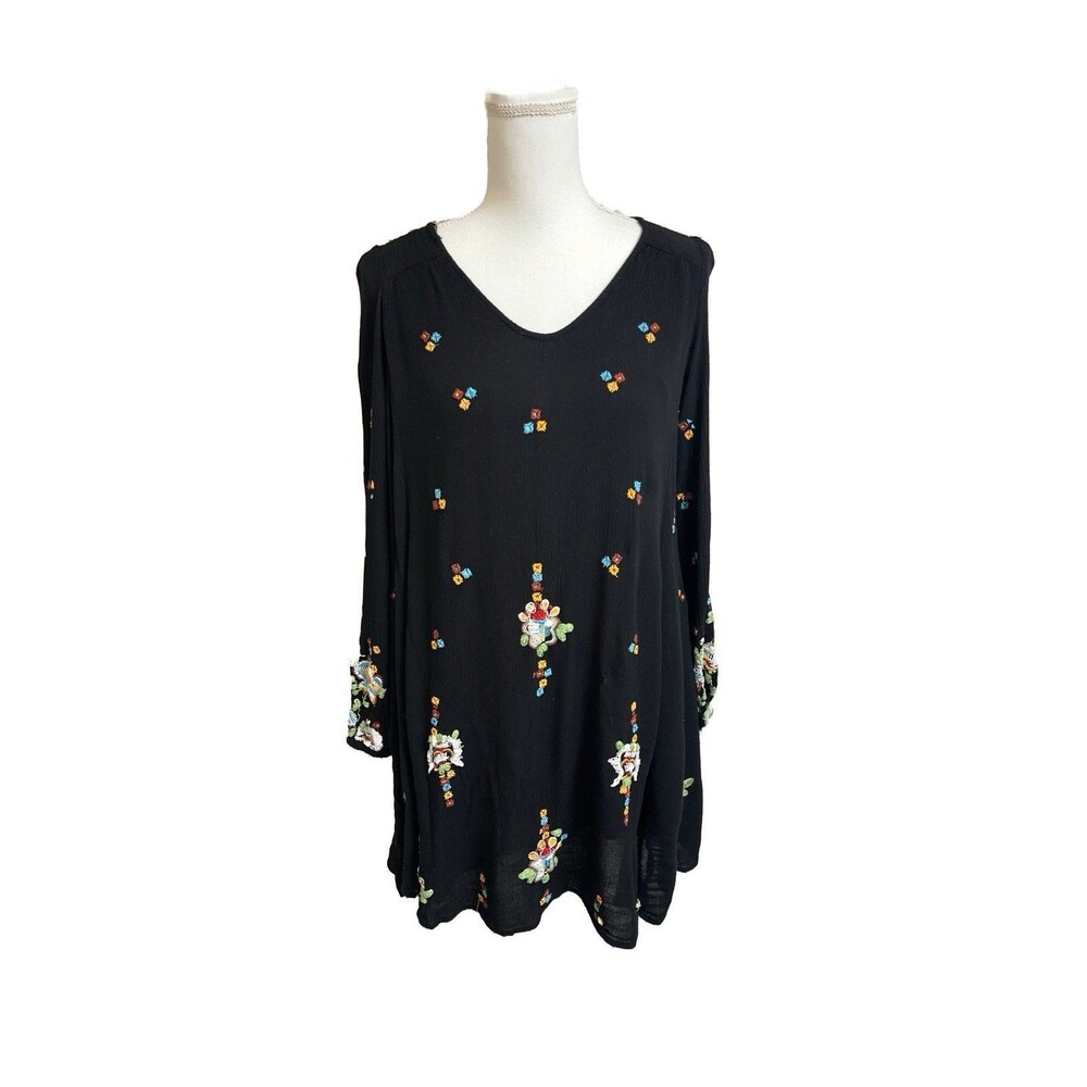 Free People Women's S Oxford Black Boho Dress Gauzy Embroidered Long Sleeve Mini